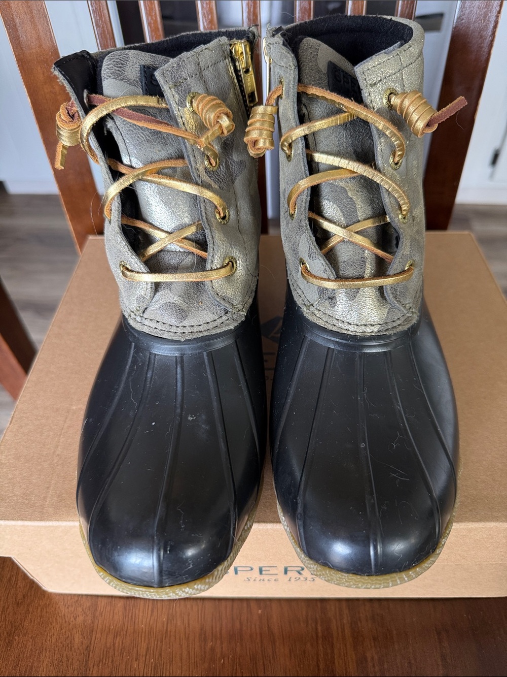 Sperry Black Rubber and Olive Green Winter Duck Boots with Gold Accents